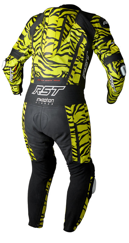 Schwarze einteilige RST ProSeries EVO CE Motorrad Lederkombi mit Tiger-Design, strapazierfähiges Leder, für Schutz und Komfort.