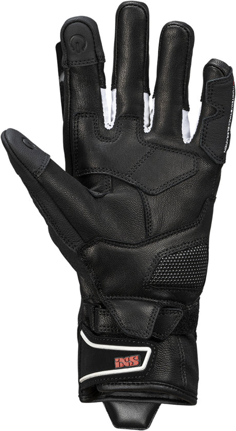 Schwarze, weiße und rote iXS Rapid-STX 1.0 Handschuhe aus robustem Material, für Schutz beim Radfahren.