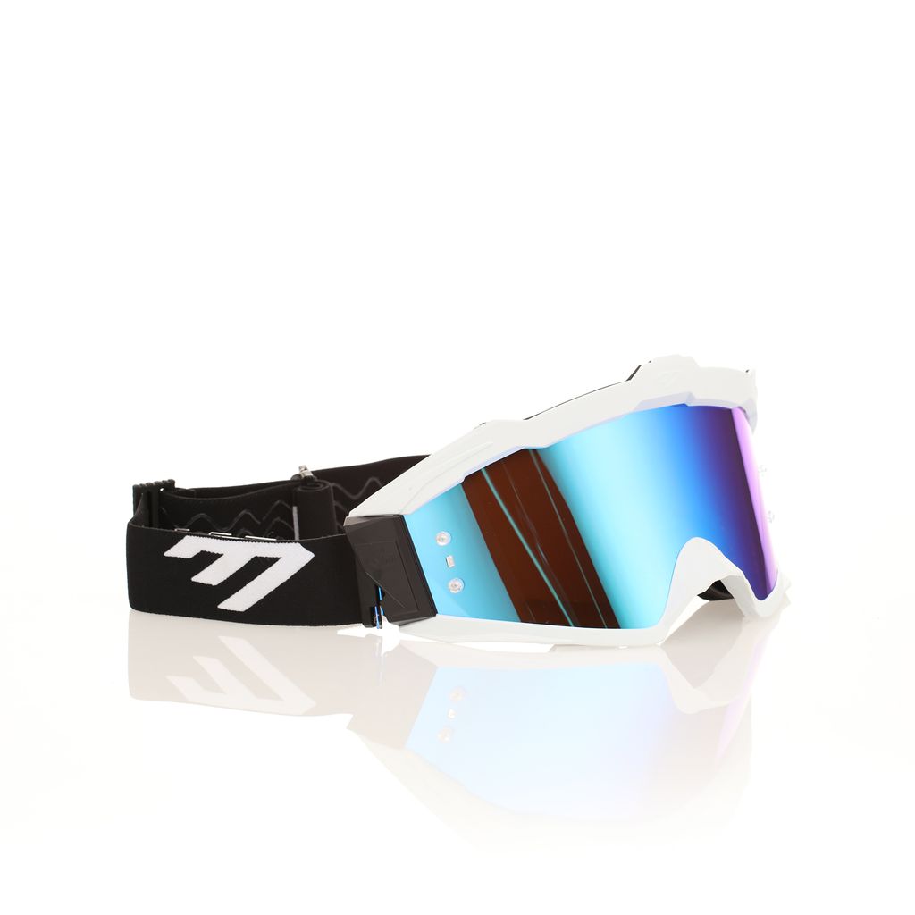 6D Max MX-Brille in Weiß, Schwarz und Blau mit blauem Glas, schützt die Augen beim Sport oder im Alltag.