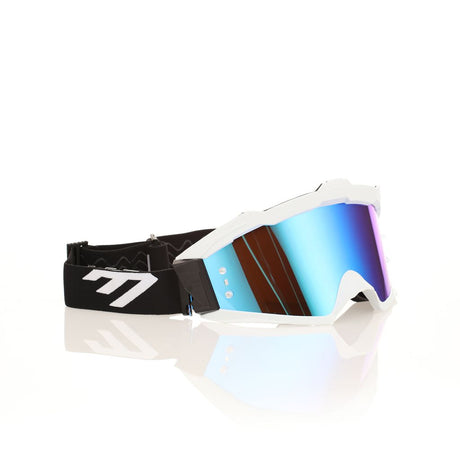 6D Max MX-Brille in Weiß, Schwarz und Blau mit blauem Glas, schützt die Augen beim Sport oder im Alltag.